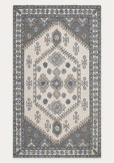 100% Wool Handmade Grey Ivory Rug | Oriental Geometric Carpet With Cotton Backing For Living Room