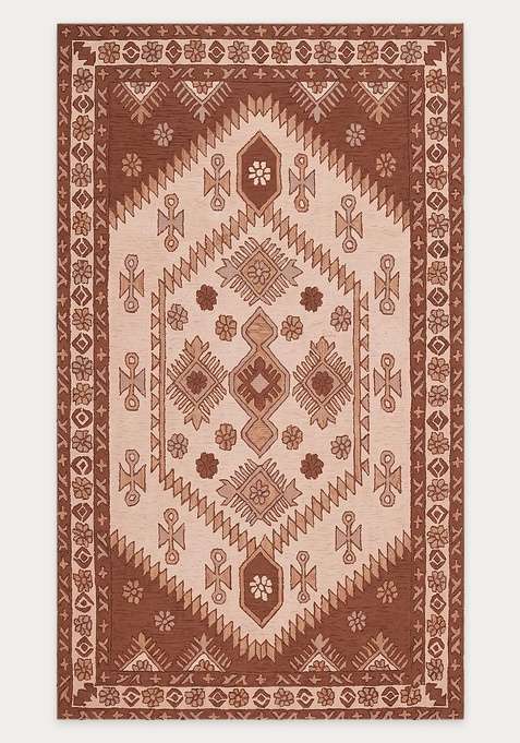 100% Wool Handmade Rust Brown Rug | Oriental Geometric Carpet With Cotton Backing For Living Room