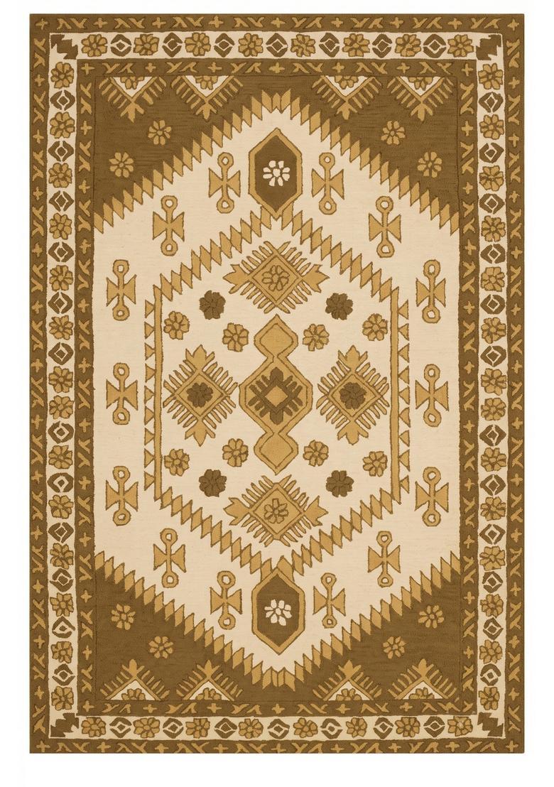 Saffron Rugs Hand Tufted Beige Brown Gold Geometric  Rectangular Wool Area Rug - Indya