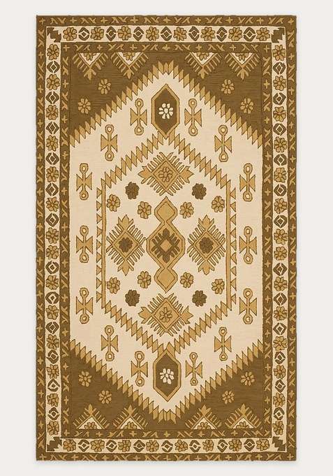 100% Wool Handmade Beige Brown Gold Rug | Oriental Geometric Carpet With Cotton Backing For Living Room