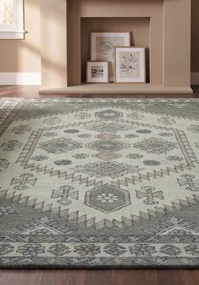 Saffron Rugs Hand Tufted Sage Grey Green Geometric  Rectangular Wool Area Rug