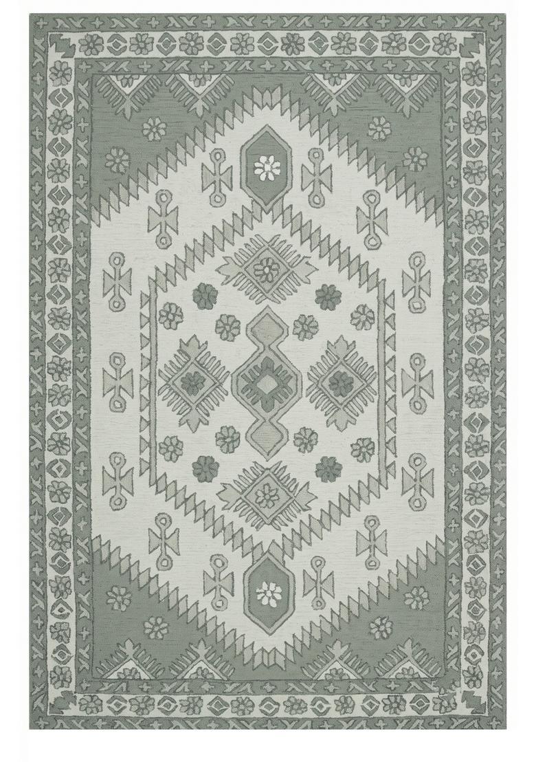 Saffron Rugs Hand Tufted Sage Grey Green Geometric  Rectangular Wool Area Rug - Indya