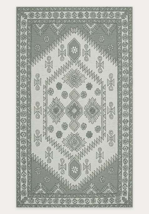 100% Wool Handmade Sage Grey Green Rug | Oriental Geometric Carpet With Cotton Backing For Living Room