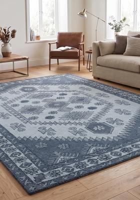 Saffron Rugs Hand Tufted Steel Blue Grey Geometric  Rectangular Wool Area Rug