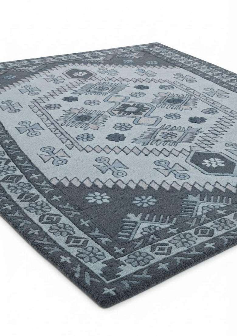 Saffron Rugs Hand-Tufted 100% Wool Area Rug | Steel Blue Grey Rectangular Rug | Cotton Backing | Oriental Geometric Carpet for Living Room - Indya