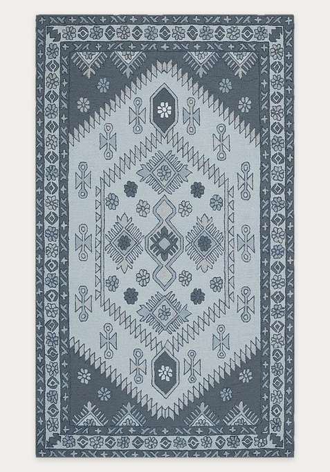 100% Wool Handmade Steel Blue Grey Rug | Oriental Geometric Carpet With Cotton Backing For Living Room