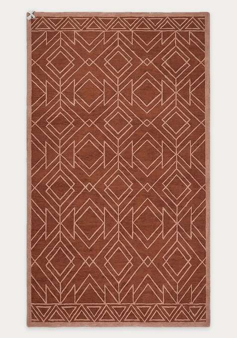100% Wool Handmade Rust Brown Rug | Contemporary Geometric Carpet With Cotton Backing For Living Room