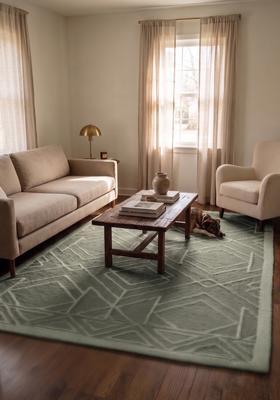Saffron Rugs Hand Tufted Sage Green Geometric  Rectangular Wool Area Rug
