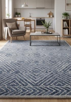 Saffron Rugs Hand Tufted Steel Blue Geometric  Rectangular Wool Area Rug