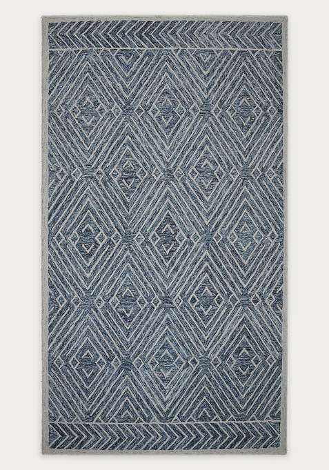 100% Wool Handmade Steel Blue Rug | Contemporary Geometric Carpet With Cotton Backing For Living Room