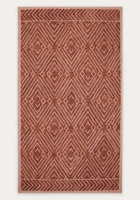 100% Wool Handmade Terracotta Rug | Contemporary Geometric Carpet With Cotton Backing For Living Room