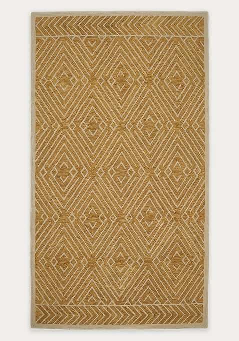 100% Wool Handmade Golden Yellow Rug | Contemporary Geometric Carpet With Cotton Backing For Living Room