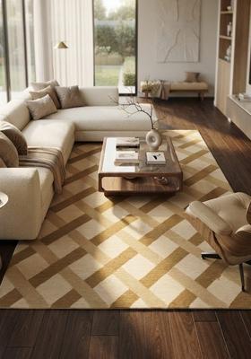 Saffron Rugs Hand Tufted Beige Gold Geometric  Rectangular Wool Area Rug