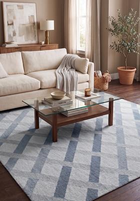 Saffron Rugs Hand Tufted Steel Blue Grey Geometric  Rectangular Wool Area Rug