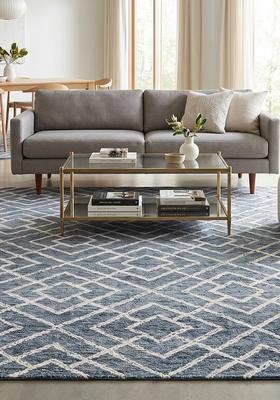Saffron Rugs Hand Tufted Steel Blue Trellis  Rectangular Wool Area Rug