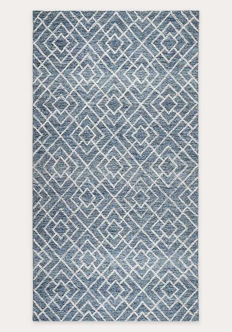 100% Wool Handmade Steel Blue Rug | Bohemian Trellis Carpet With Cotton Backing For Living Room