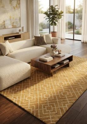 Saffron Rugs Hand Tufted Golden Yellow Trellis  Rectangular Wool Area Rug