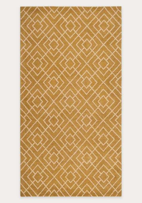 100% Wool Handmade Golden Yellow Rug | Bohemian Trellis Carpet With Cotton Backing For Living Room