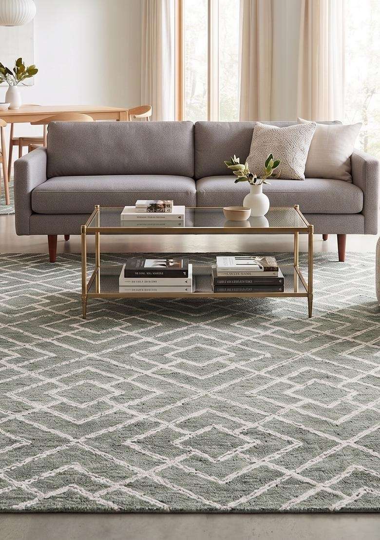 Saffron Rugs Hand-Tufted 100% Wool Area Rug | Sage Green Rectangular Rug | Cotton Backing | Bohemian Trellis Carpet for Living Room - Indya
