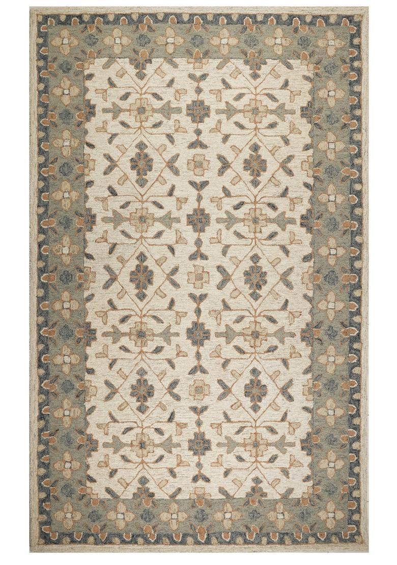 Saffron Rugs Hand Tufted Ivory Beige Floral  Rectangular Wool Area Rug - Indya