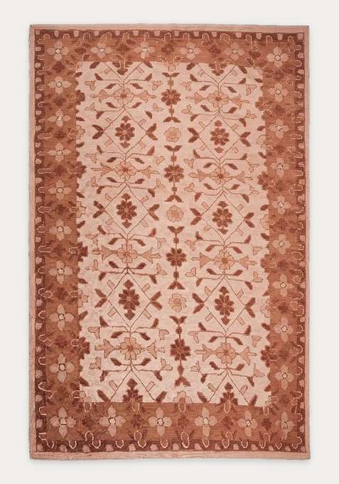 100% Wool Handmade Blush Brown Rug | Classic Floral Carpet With Cotton Backing For Living Room