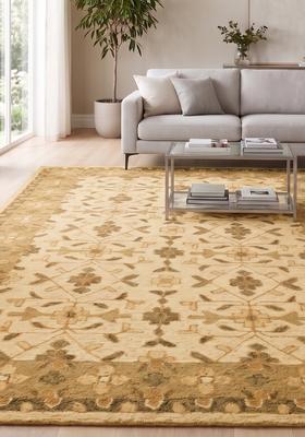 Saffron Rugs Hand Tufted Ivory Gold Brown Floral  Rectangular Wool Area Rug