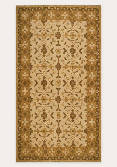 100% Wool Handmade Ivory Gold Brown Rug | Classic Floral Carpet With Cotton Backing For Living Room