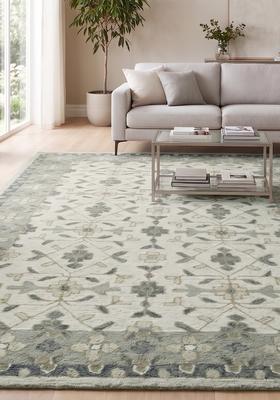 Saffron Rugs Hand Tufted Ivory Grey Green Floral  Rectangular Wool Area Rug