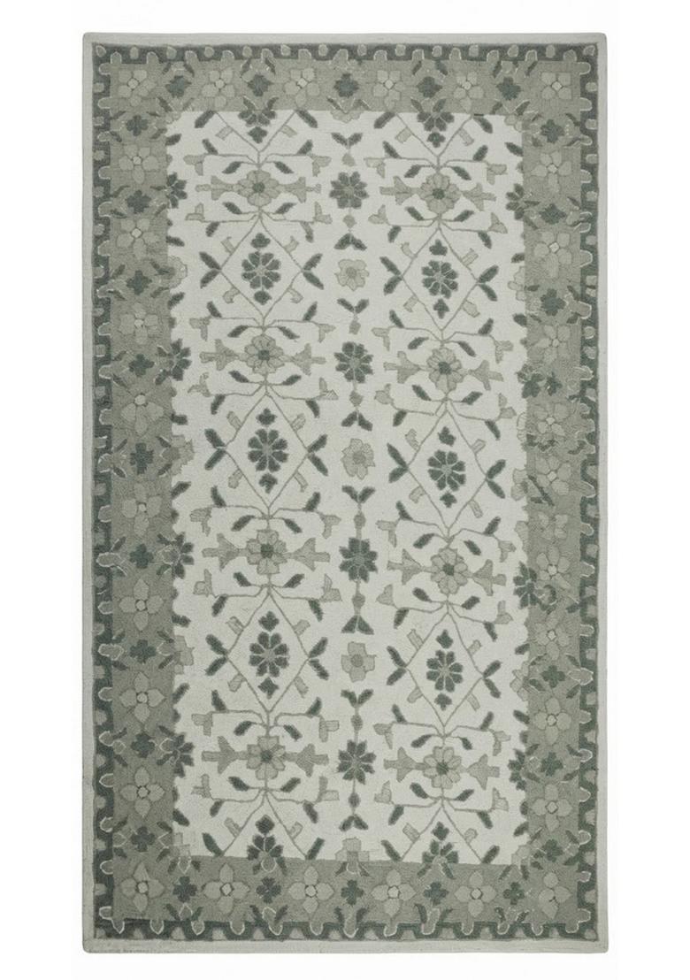Saffron Rugs Hand Tufted Ivory Grey Green Floral  Rectangular Wool Area Rug - Indya