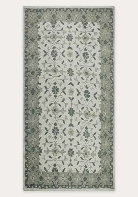 100% Wool Handmade Ivory Grey Green Rug | Classic Floral Carpet With Cotton Backing For Living Room