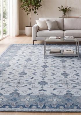 Saffron Rugs Hand Tufted Steel Blue Grey Floral  Rectangular Wool Area Rug