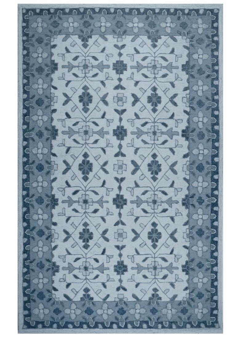 Saffron Rugs Hand Tufted Steel Blue Grey Floral  Rectangular Wool Area Rug - Indya