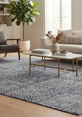 Saffron Rugs Hand Tufted Blue Grey Geometric  Rectangular Wool Area Rug
