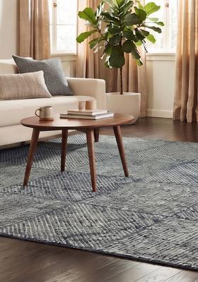 Saffron Rugs Hand Tufted Steel Blue Grey Geometric  Rectangular Wool Area Rug
