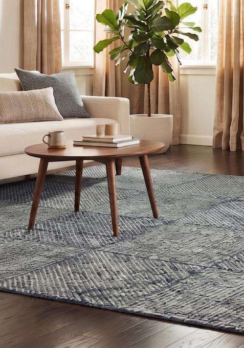 100% Wool Handmade Steel Blue Grey Rug | Contemporary Geometric Carpet With Cotton Backing For Living Room
