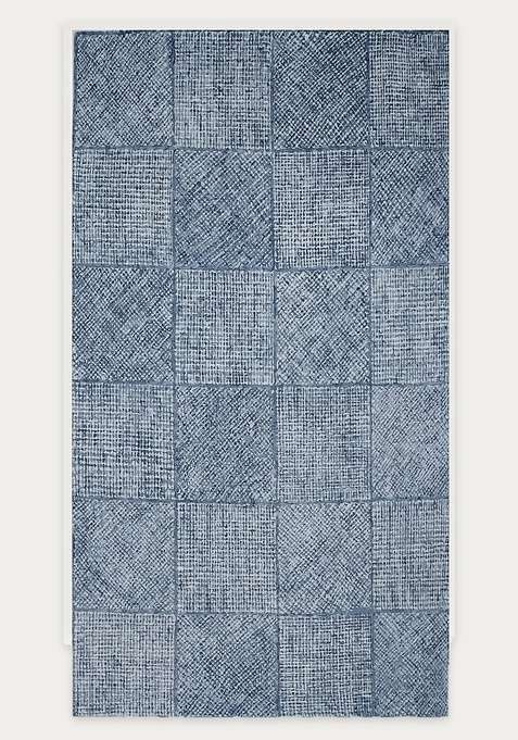 100% Wool Handmade Steel Blue Rug | Contemporary Geometric Carpet With Cotton Backing For Living Room