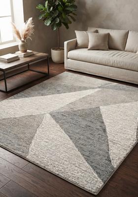 Saffron Rugs Hand Tufted Grey Cream Geometric  Rectangular Wool Area Rug
