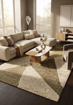 Saffron Rugs Hand Tufted Beige Olive Geometric  Rectangular Wool Area Rug
