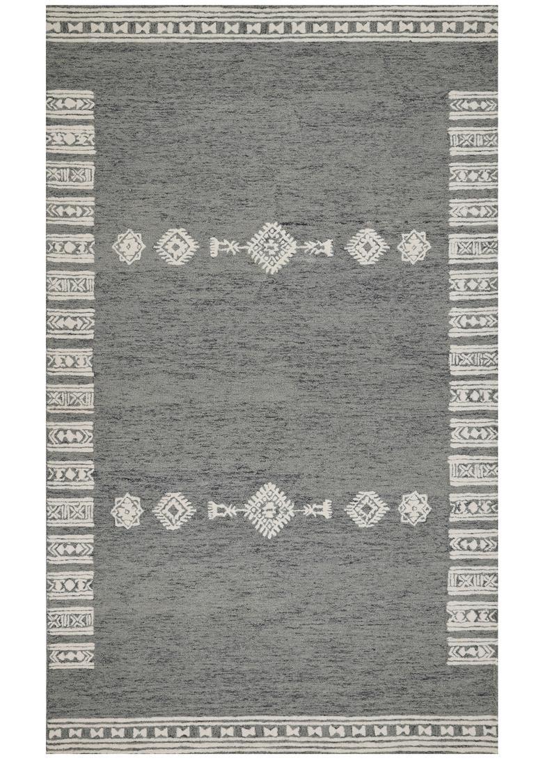 Saffron Rugs Hand Tufted Dark Grey Geometric  Rectangular Wool Area Rug - Indya