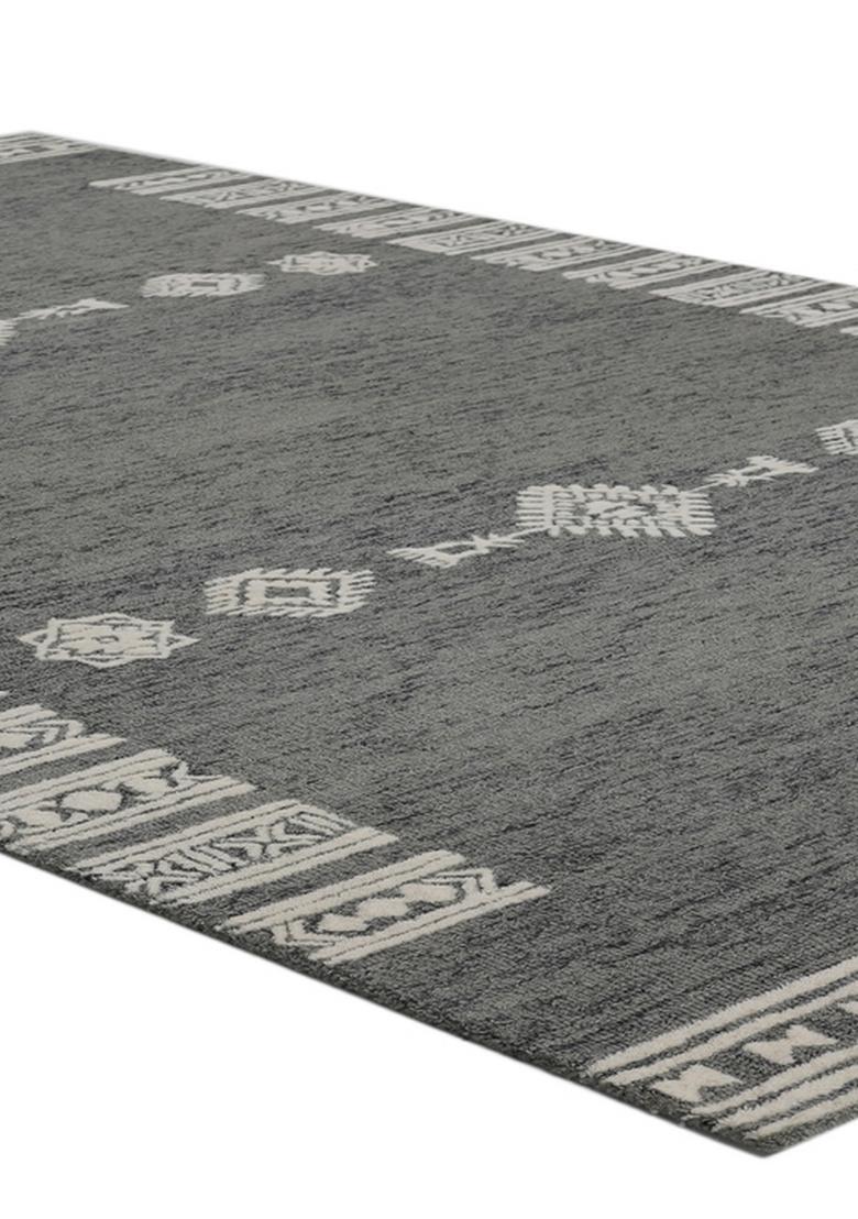 Saffron Rugs Hand Tufted Dark Grey Geometric  Rectangular Wool Area Rug - Indya