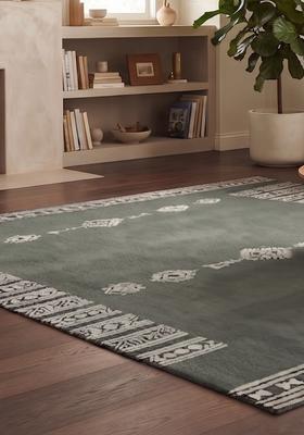 Saffron Rugs Hand Tufted Sage Green Geometric  Rectangular Wool Area Rug