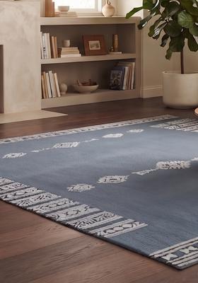 Saffron Rugs Hand Tufted Steel Blue Geometric  Rectangular Wool Area Rug