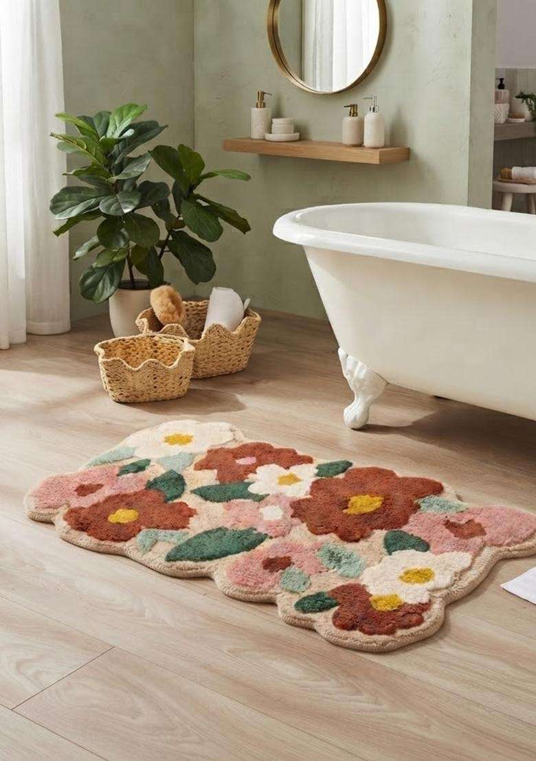 Saffron Rugs Hand Tufted Cotton Bath Mat | Multicolor Scalloped | Anti Slip Backing | Boho Floral Bathroom Rug - Indya