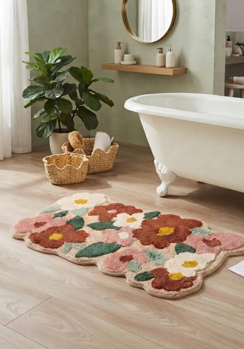 Saffron Rugs Hand Tufted Cotton Bath Mat | Multicolor Scalloped | Anti Slip Backing | Boho Floral Bathroom Rug