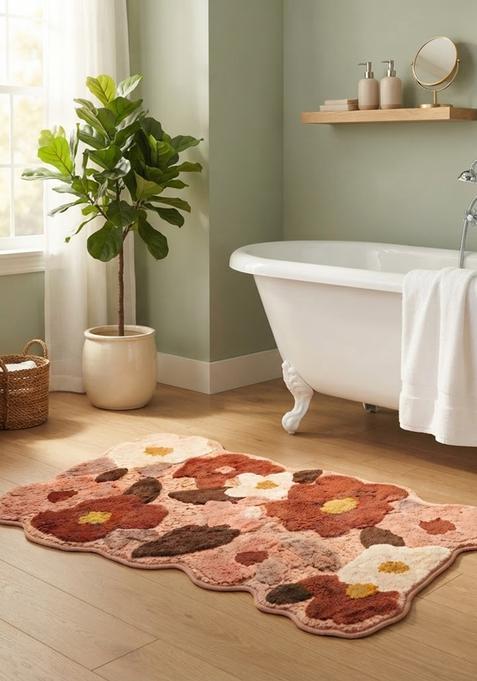 Saffron Rugs Hand Tufted Cotton Bath Mat | Peach Coral Scalloped | Anti Slip Backing | Boho Floral Bathroom Rug