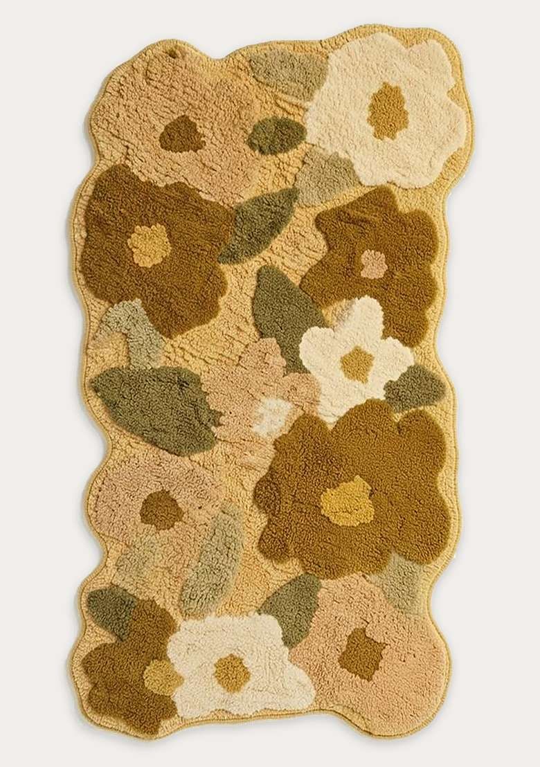 Saffron Rugs Hand Tufted Cotton Bath Mat | Mustard Gold Beige Scalloped | Anti Slip Backing | Boho Floral Bathroom Rug - Indya