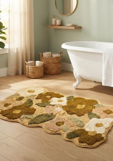 Saffron Rugs Hand Tufted Cotton Bath Mat | Mustard Gold Beige Scalloped | Anti Slip Backing | Boho Floral Bathroom Rug
