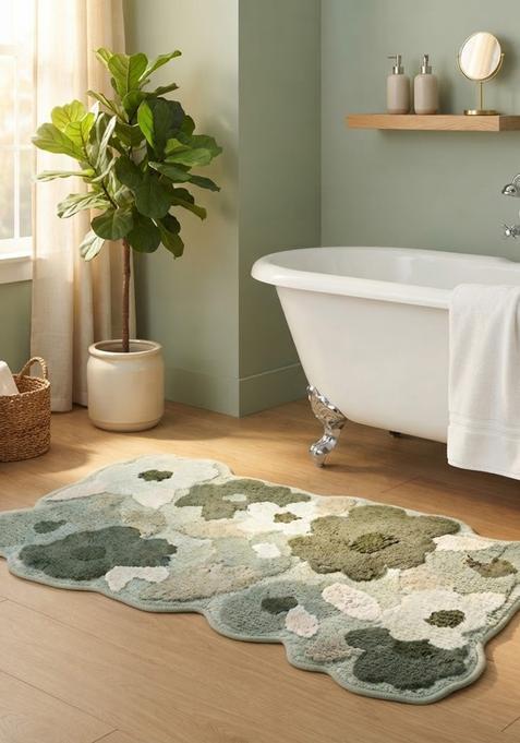 Saffron Rugs Hand Tufted Cotton Bath Mat | Sage Green Scalloped | Anti Slip Backing | Boho Floral Bathroom Rug