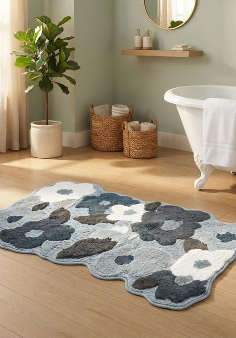 Saffron Rugs Hand Tufted Cotton Bath Mat | Light Blue Scalloped | Anti Slip Backing | Boho Floral Bathroom Rug