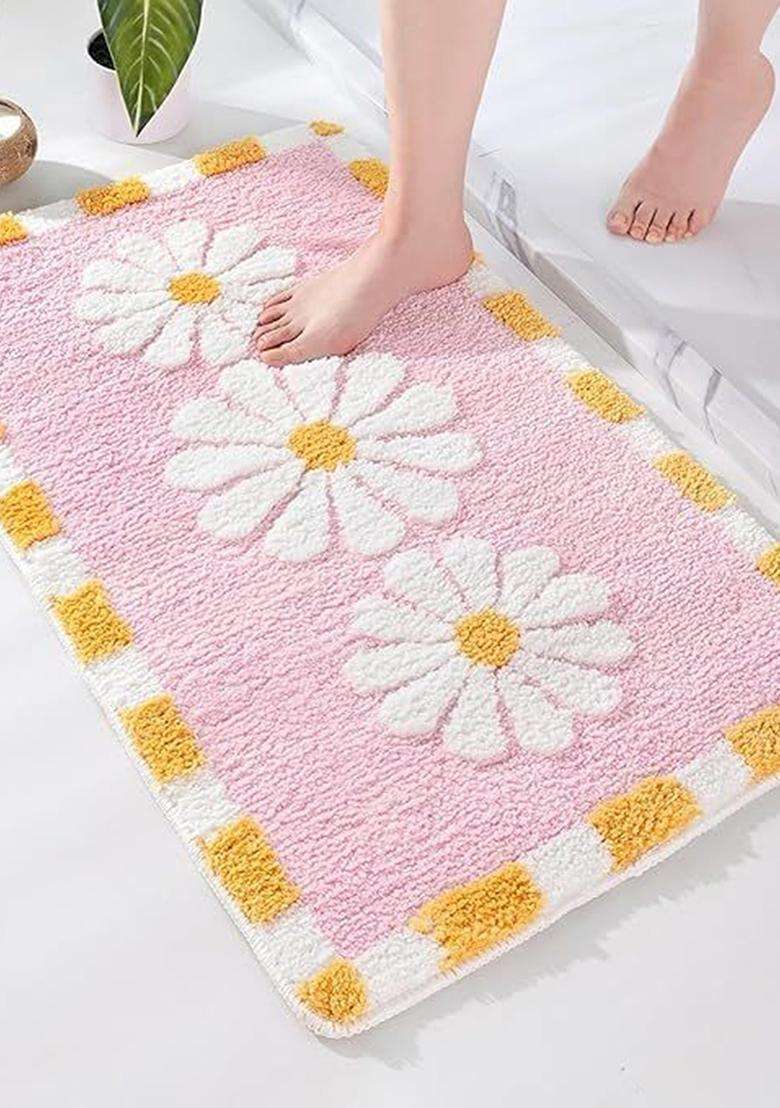 Saffron Rugs Hand Tufted Cotton Bath Mat | Light Pink Rectangular | Anti Slip Backing | Casual Floral Bathroom Rug - Indya